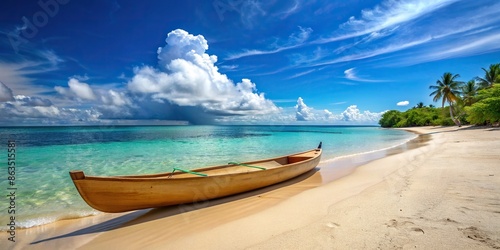 Canoe resting on a pristine tropical sandy beach , Canoe, tropical, beach, sand, relaxation, vacation, travel, adventure, ocean photo