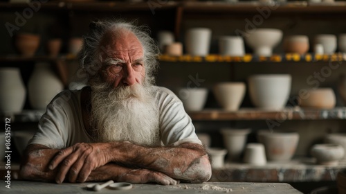 Elderly Potter in Workshop Surrounded by Handmade Clay Pots and Sculptures, Reflecting on Craftsmanship and Artistry photo