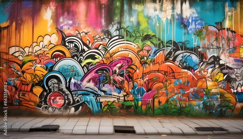 An urban background with a gritty, textured wall covered in graffiti art An urban background with a gritty, textured wall covered in graffiti art