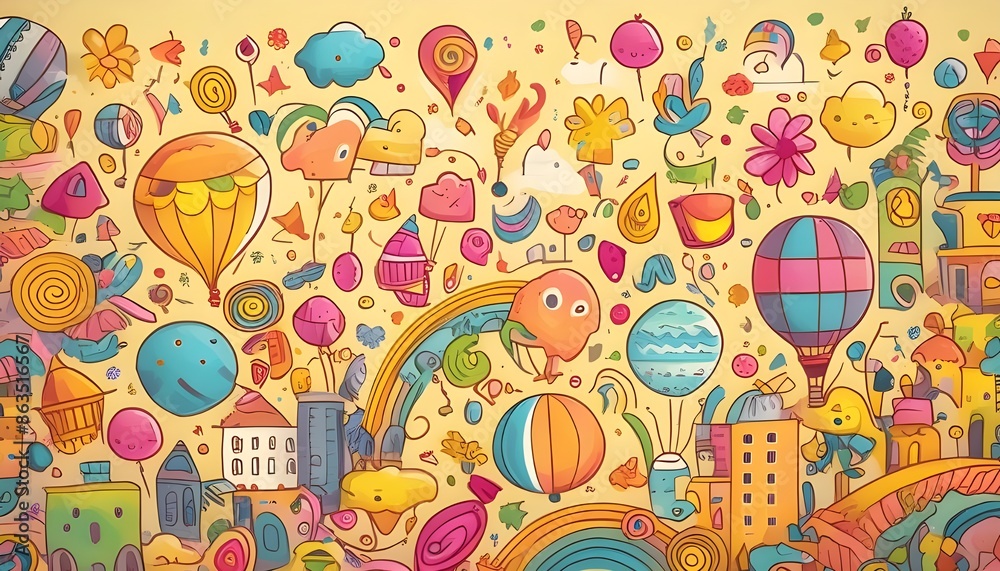A whimsical background with playful, colorful doodles and icons scattered across a light yellow backdrop
