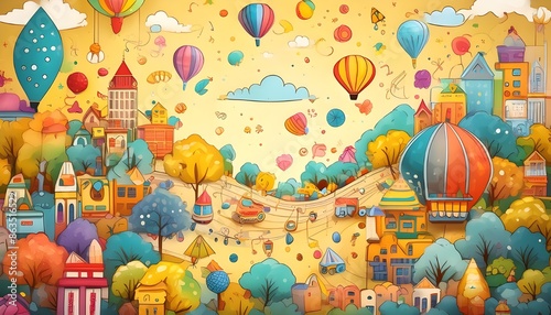 A whimsical background with playful, colorful doodles and icons scattered across a light yellow backdrop