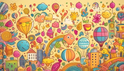 A whimsical background with playful, colorful doodles and icons scattered across a light yellow backdrop