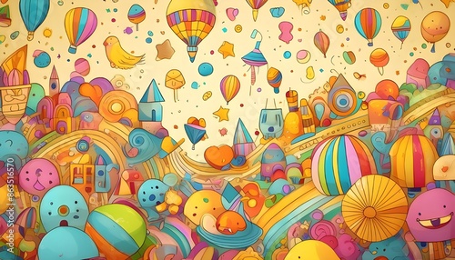 A whimsical background with playful, colorful doodles and icons scattered across a light yellow backdrop