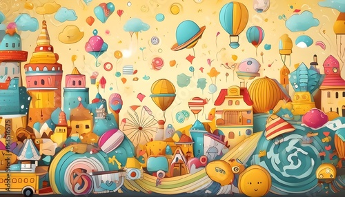 A whimsical background with playful, colorful doodles and icons scattered across a light yellow backdrop