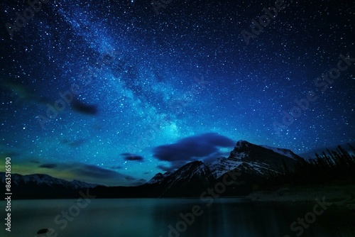 Night landscapes with beautiful starry sky and the Milky Way against the backdrop of a mountain lake in the Canadian Rockies