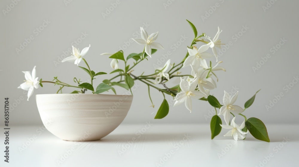 A sleek, white ceramic pot with clean lines holds a single, perfectly blooming jasmine flower. Delicate tendrils gracefully drape over the edge of the pot, creating a sense of simple elegance. A sleek, white ceramic pot with clean lines holds a single, perfectly blooming jasmine flower. Delicate tendrils gracefully drape over the edge of the pot, creating a sense of simple elegance.