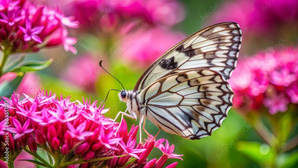 Delicate marbled white butterfly with striking black veins on white wings sips sweet nectar from vibrant pink blooms amidst lush green foliage. Delicate marbled white butterfly with striking black veins on white wings sips sweet nectar from vibrant pink blooms amidst lush green foliage.