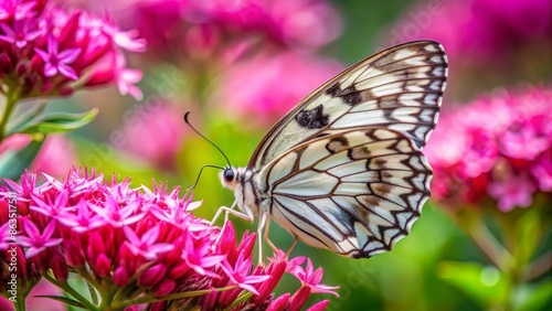 Delicate marbled white butterfly with striking black veins on white wings sips sweet nectar from vibrant pink blooms amidst lush green foliage.