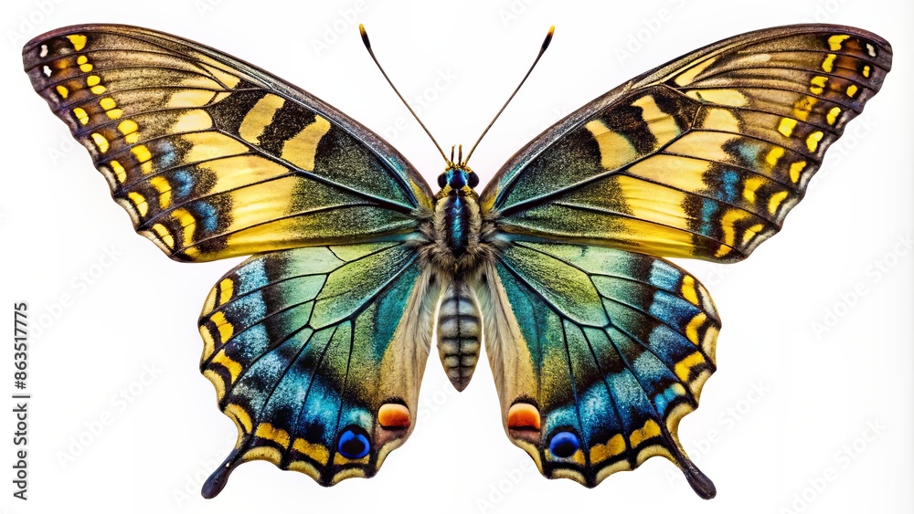 Obraz premium Vibrant old world swallowtail butterfly with iridescent blue sheen and delicate yellow markings perches on transparent background, showcasing intricate details of its wings and body.