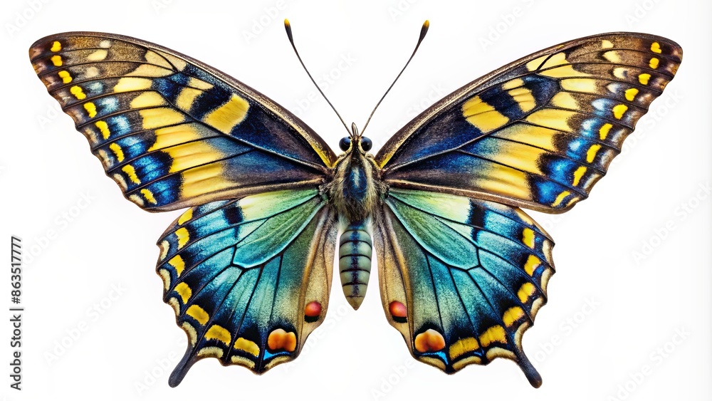 Fototapeta premium Vibrant old world swallowtail butterfly with iridescent blue sheen and delicate yellow markings perches on transparent background, showcasing intricate details of its wings and body.