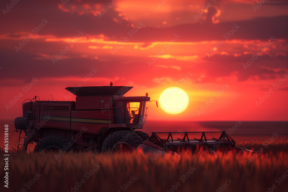 Fototapeta premium Dusk Harvest: Orange Combine in Action on the Field