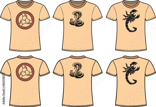 Mock up T shirt print designs front and back with serpent cobra, python, anaconda or viper, scorpion and teamwork logo.  Soft color designs in high resolution. photo