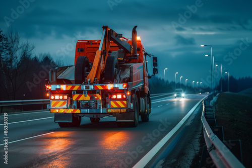 Nighttime Highway Rescue: Orange Tow Truck in Action