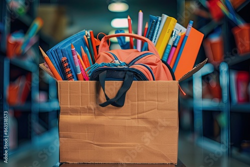 Box of Colorful School Supplies and Backpacks photo
