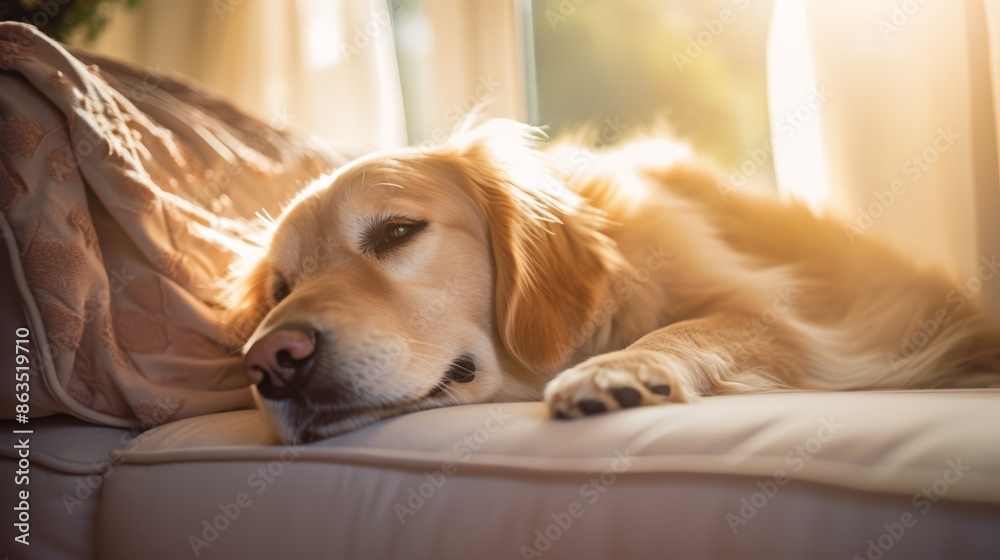 Golden retriever snuggled on a spacious sofa, soft sunlight filtering through curtains, calm and happy, side-angle shot, natural setting