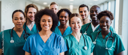 Group portrait of diverse healthcare team in hospital lobby, natural light, wide-angle shot, all in scrubs, smiling confidently, modern and bright environment, focus on unity and professionalism.