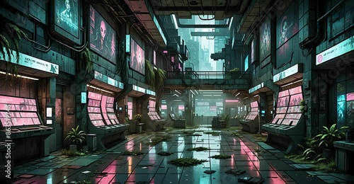cyberpunk futuristic dystopian city street strip with shops, stores, and markets in urban downtown plaza. sci-fi civilization narrow market district. photo