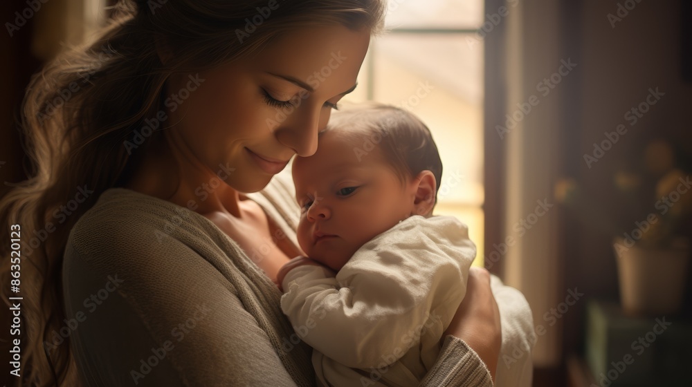 Mom holding baby close, tender expression, blurred cozy room, medium shot, natural light.