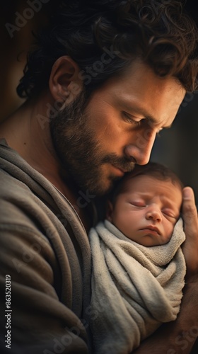 Newborn in father's arms, soft focus background, loving gaze, close-up, homey atmosphere.