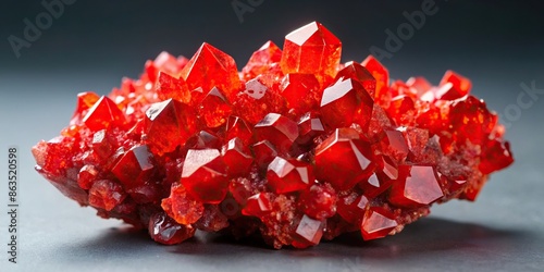 Vibrant cinnabar cluster display showcasing brilliant red crystals, cinnabar, cluster, display, red, vibrant, gemstone photo