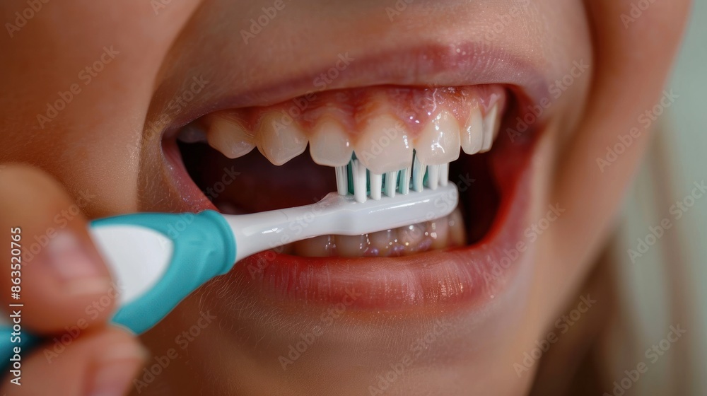 Fototapeta premium Cute little girl brushing his teeth with plastic toothbrush, Closeup.