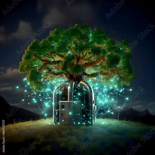 Binary Pad Lock Cyber Security Technology Background With Line and Dots Glowing Lights, Guardians of the Digital Realm: Encrypted Connections in a Binary Fortress for Cyber Lockdown with green tree
