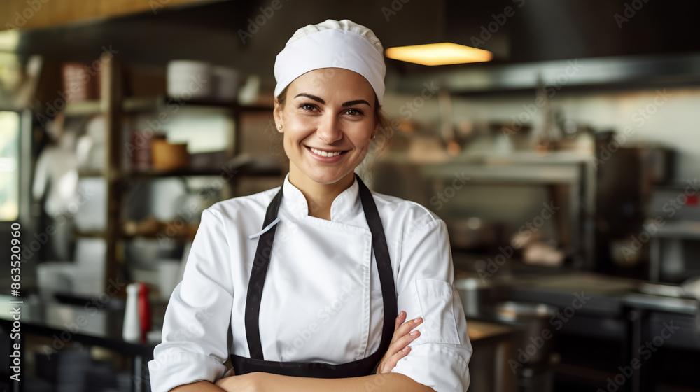 Smiling female chef in uniform, bright natural light, close-up, professional kitchen setting. Smiling female chef in uniform, bright natural light, close-up, professional kitchen setting.