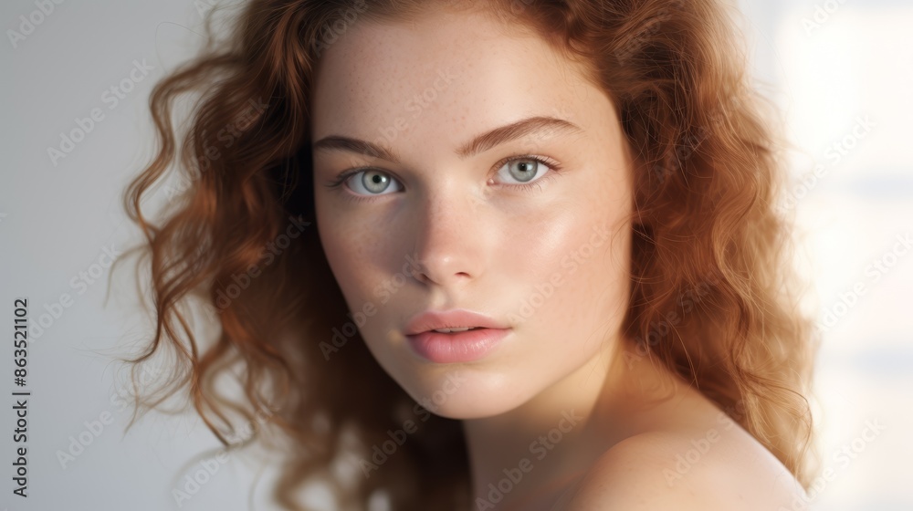 Young woman with radiant skin, soft lighting, close-up, pure white background. Young woman with radiant skin, soft lighting, close-up, pure white background.