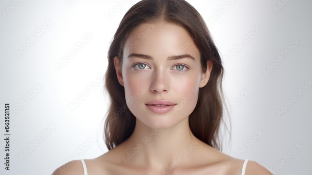 Young woman's flawless skin, gentle illumination, front view, pure white background Young woman's flawless skin, gentle illumination, front view, pure white background