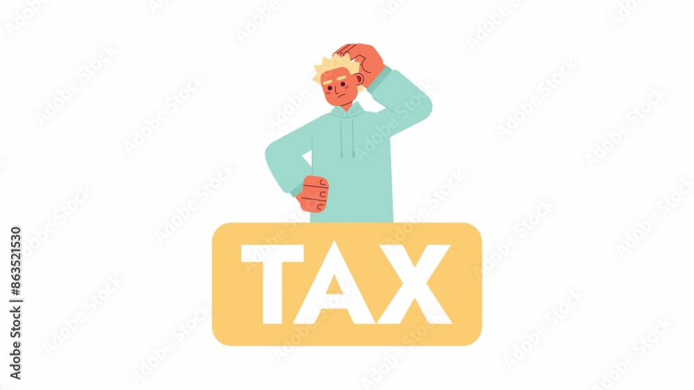 Puzzled taxpayer over self-employment tax 2D character animation. Finance difficulty flat color cartoon 4K video, alpha channel. Blond man confused scratching head animated person on white background