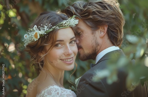 Happy Bride and Groom Embracing in a Lush Green Garden