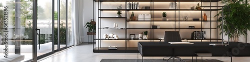 Sleek black metal shelving unit in a minimalist home office with a large desk and natural light.