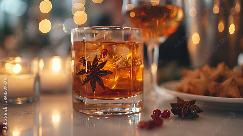 A glass of whiskey with a star-shaped ice cube on top. A glass of whiskey with a star-shaped ice cube on top.