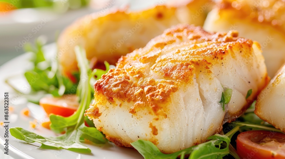 Fried cod fillet pieces with a side of salad displayed with a shallow depth of field Fried cod fillet pieces with a side of salad displayed with a shallow depth of field