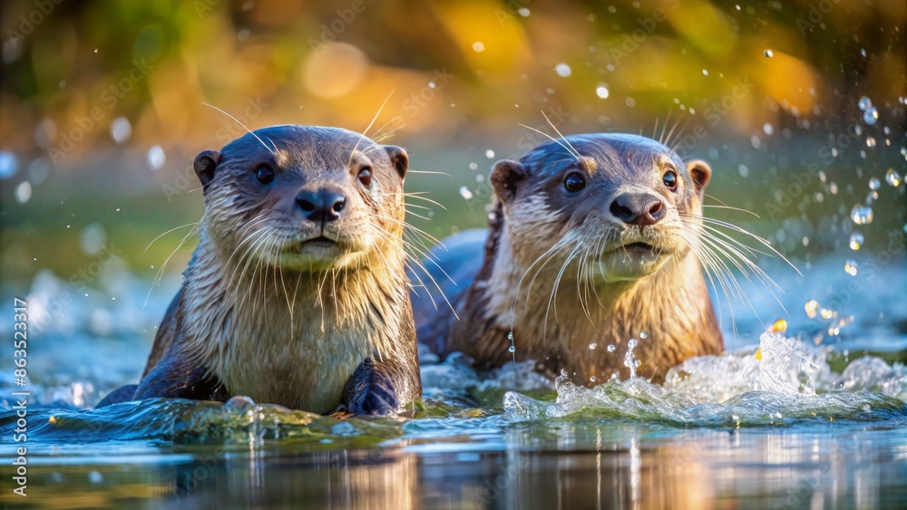 Two adorable river otters swim together in unison, their sleek fur glistening, as they playfully splash and chase each other in the crystal-clear water.