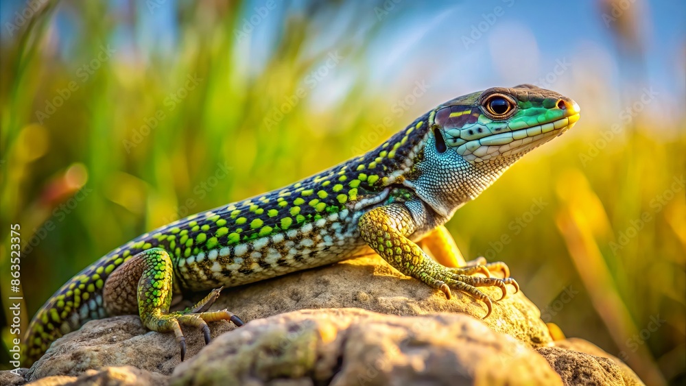 A majestic podarcis muralis common wall lizard perches on a sun-kissed rock in a grassy steppe, scouring the sand for prey in its natural european habitat. A majestic podarcis muralis common wall lizard perches on a sun-kissed rock in a grassy steppe, scouring the sand for prey in its natural european habitat.
