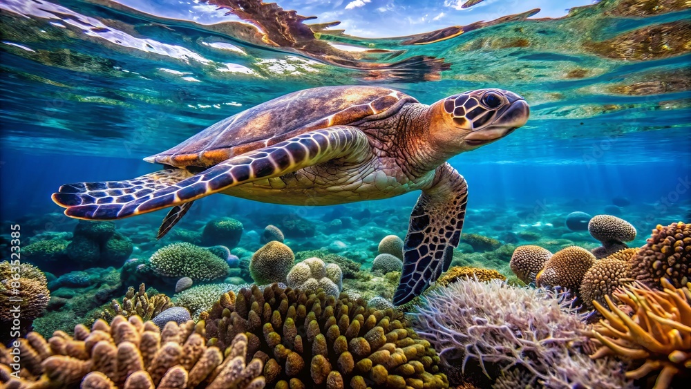 Obraz premium Magnificent hawksbill turtle swims leisurely amidst vibrant coral reef, showcasing its grandeur in crystal-clear waters at aka island, okinawa, japan on april 29, 2021.