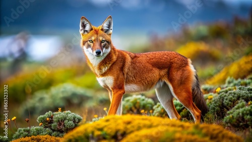 Majestic ethiopian wolf, canis simensis, with rusty-red fur and piercing yellow eyes, roams freely in the afroalpine meadows of the ethiopian highlands. photo