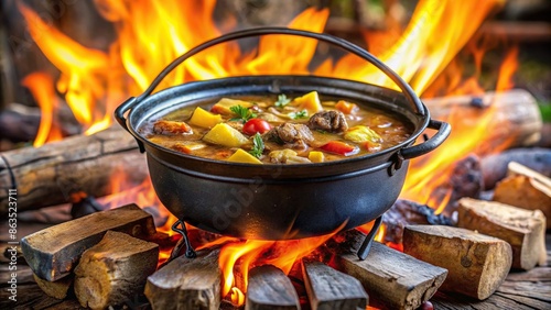 Traditional Namibian Potjiekos stew cooking in a cast iron pot over an open flame , Namibia, traditional, potjiekos photo