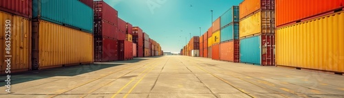 Container yard with a clear blue sky and ample ground space