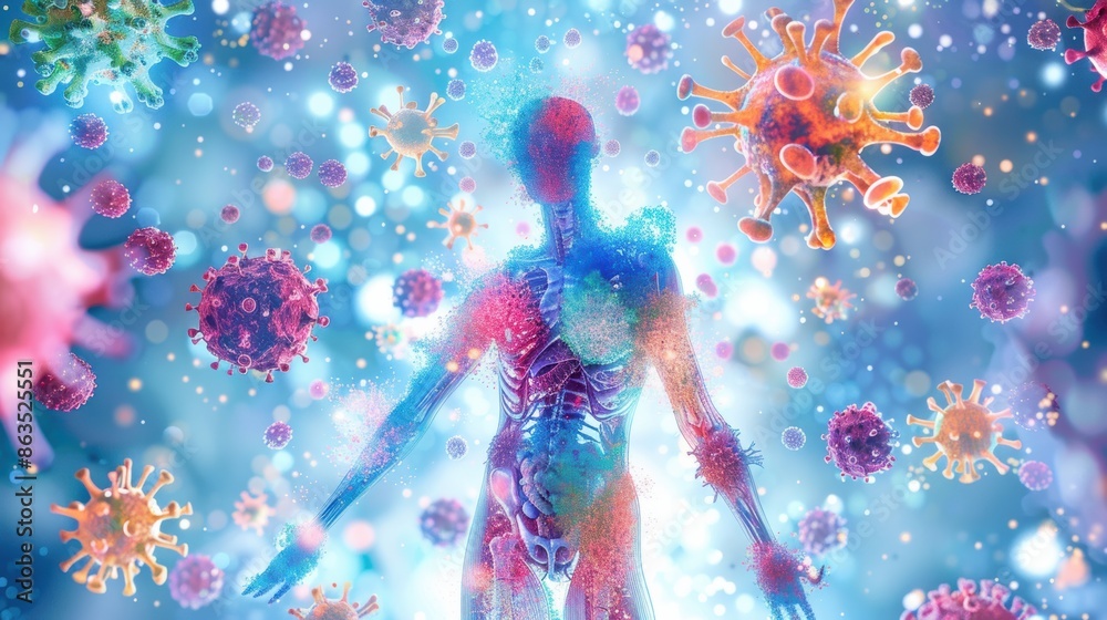 Obraz premium A person surrounded by colorful immune system cells, representing the potential for sun exposure to enhance the immune system's function.