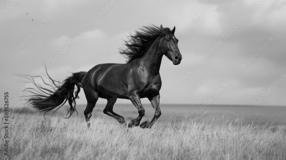 Friesian horse sprinting in field Friesian horse sprinting in field
