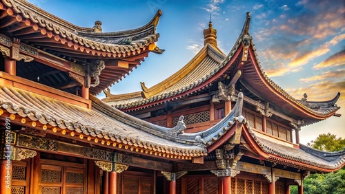Traditional Chinese architecture featuring intricate wooden carvings and curved roof tiles, Chinese, traditional, architecture