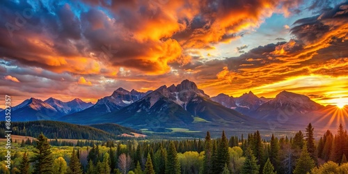 Glorious sunset over the Rocky Mountains, casting a radiant and breathtaking view , Rockies, sunset, mountains, landscape © rattinan