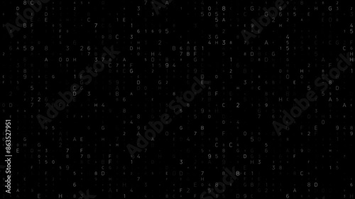 This video features a black background with randomly generated alphanumeric characters appearing and disappearing in a continuous loop photo