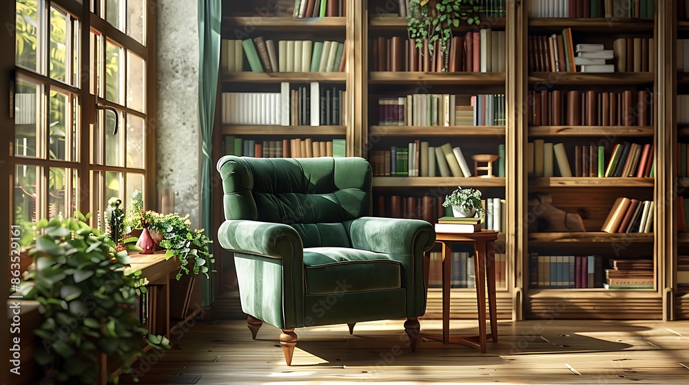 Stylish green velvet armchair in a cozy reading nook with wooden bookshelves and natural light. Stylish green velvet armchair in a cozy reading nook with wooden bookshelves and natural light.