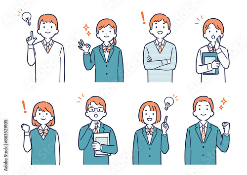 上を向いて明るい表情をする高校生のイラストセット＿上半身