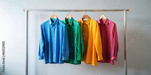 Three colorful shirts hanging on a clothing rack in a room , shirts, clothing, rack, fashion, clothes, colorful, hanging, retail