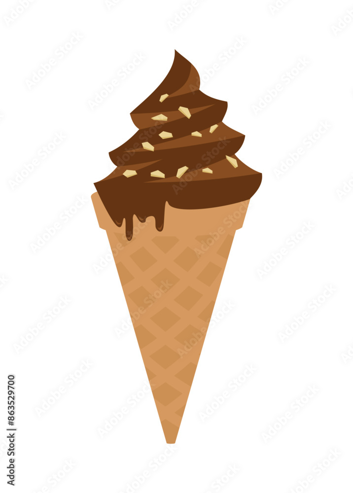 Chocolate ice cream with cashew flakes in cone. Simple flat illustration.
