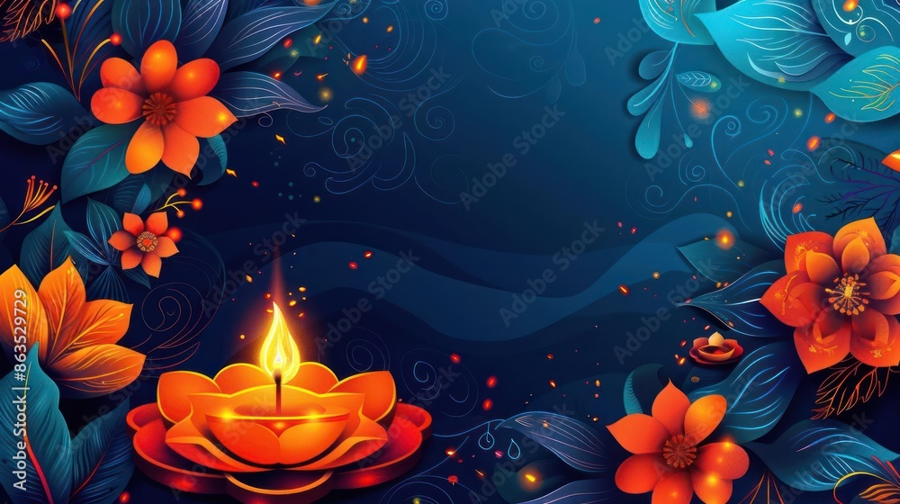 Elegant Diwali Fusion, A Digital Illustration of the Hindu New Year's Warm Glow, Accented with Candles and Blooming Flowers Elegant Diwali Fusion, A Digital Illustration of the Hindu New Year's Warm Glow, Accented with Candles and Blooming Flowers